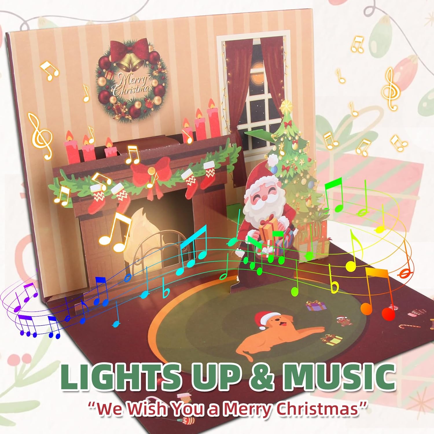 Matorino-Merry Christmas Words Card with Lights and Music, 6 Christmas Melody with Matching Flashing Lights, Funny 3D Christmas Greeting Cards with Envelopes for Winter Holiday Xmas Gift