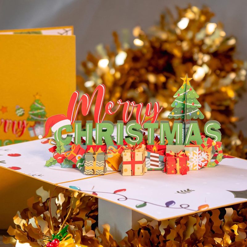Matorino-Merry Christmas Words Card with Lights and Music, 6 Christmas Melody with Matching Flashing Lights, Funny 3D Christmas Greeting Cards with Envelopes for Winter Holiday Xmas Gift