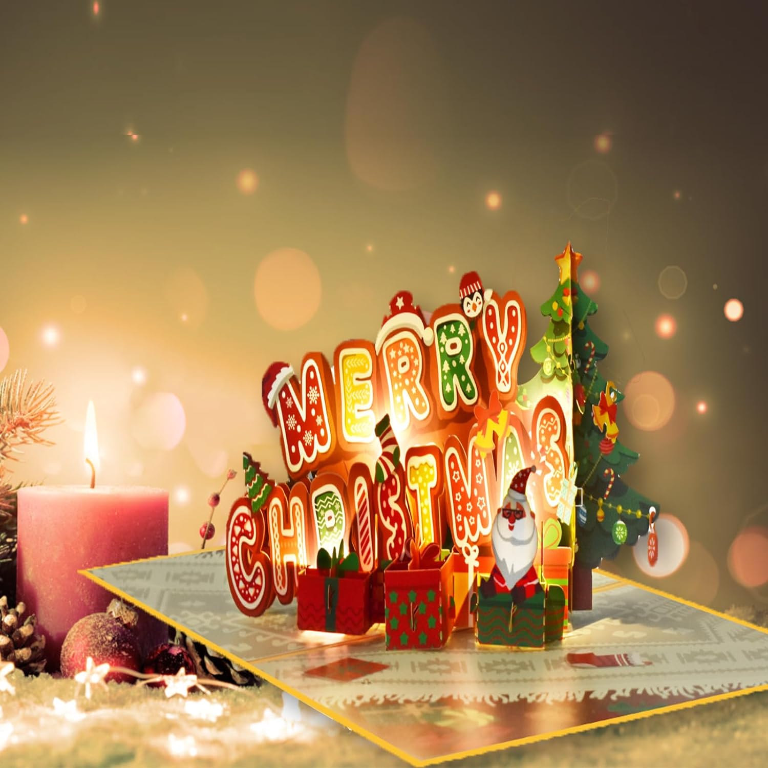Matorino-Merry Christmas Words Card with Lights and Music, 6 Christmas Melody with Matching Flashing Lights, Funny 3D Christmas Greeting Cards with Envelopes for Winter Holiday Xmas Gift
