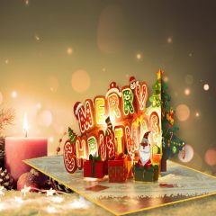 Matorino-Merry Christmas Words Card with Lights and Music, 6 Christmas Melody with Matching Flashing Lights, Funny 3D Christmas Greeting Cards with Envelopes for Winter Holiday Xmas Gift