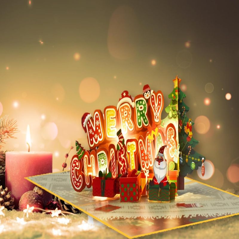 Matorino-Merry Christmas Words Card with Lights and Music, 6 Christmas Melody with Matching Flashing Lights, Funny 3D Christmas Greeting Cards with Envelopes for Winter Holiday Xmas Gift