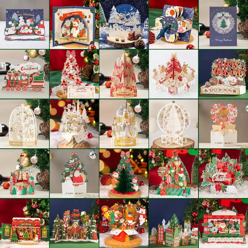 Matorino-Merry Christmas Words Card with Lights and Music, 6 Christmas Melody with Matching Flashing Lights, Funny 3D Christmas Greeting Cards with Envelopes for Winter Holiday Xmas Gift