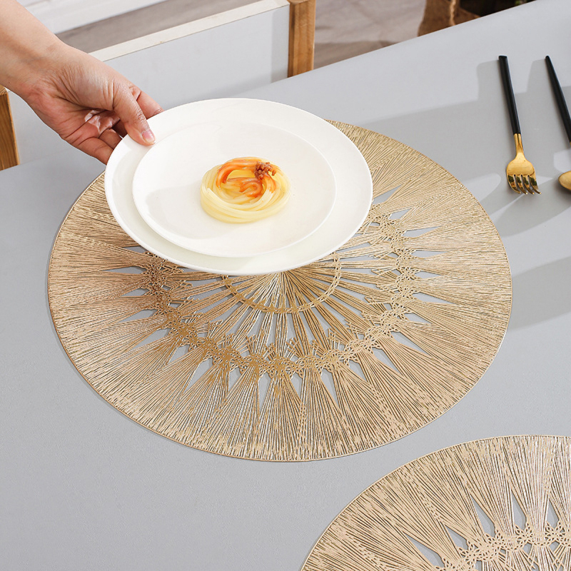 Matorino-Round Placemats Pressed Vinyl Slip Resistant Table Mats, Golden Fireworks Placmats Wipeable Hollowout Placemats for Table Decor Holiday Wedding Accent