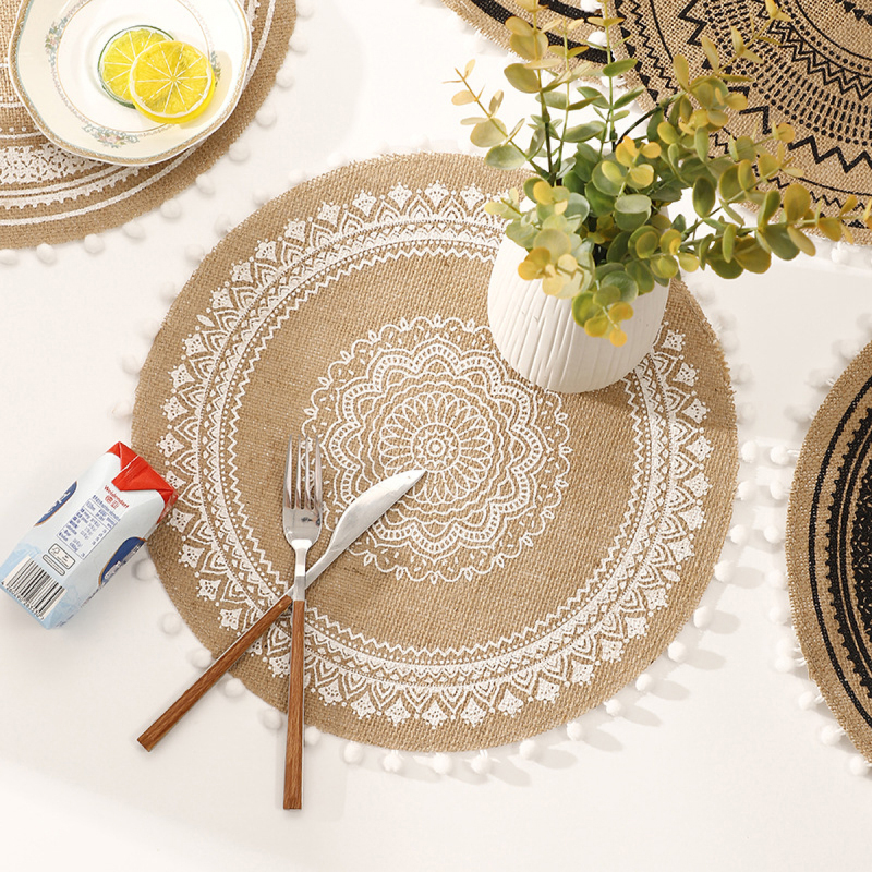 Matorino-Circle Jute Table Mats Heat Resistant Woven Placemat, Modern Farmhouse Fringe Placemats for Dining Table, Kitchen, Bohemian Wedding Décor