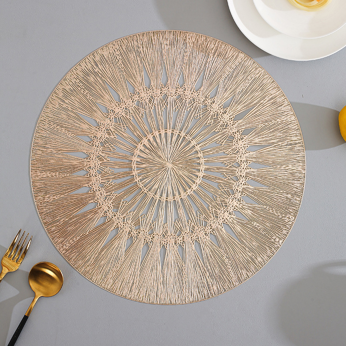 Matorino-Round Placemats Pressed Vinyl Slip Resistant Table Mats, Golden Fireworks Placmats Wipeable Hollowout Placemats for Table Decor Holiday Wedding Accent
