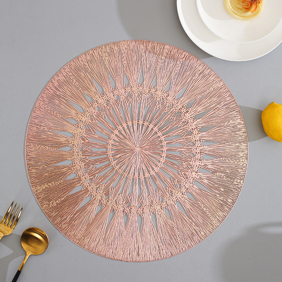 Matorino-Round Placemats Pressed Vinyl Slip Resistant Table Mats, Golden Fireworks Placmats Wipeable Hollowout Placemats for Table Decor Holiday Wedding Accent
