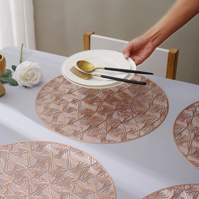 Matorino-Evevdayuse Placemats for Dining Table, Round Hollow Out Table Mats Pressed Metallic Vinyl Plastic Place Mats, Table Decoration for Holiday Wedding Accent Centerpiece