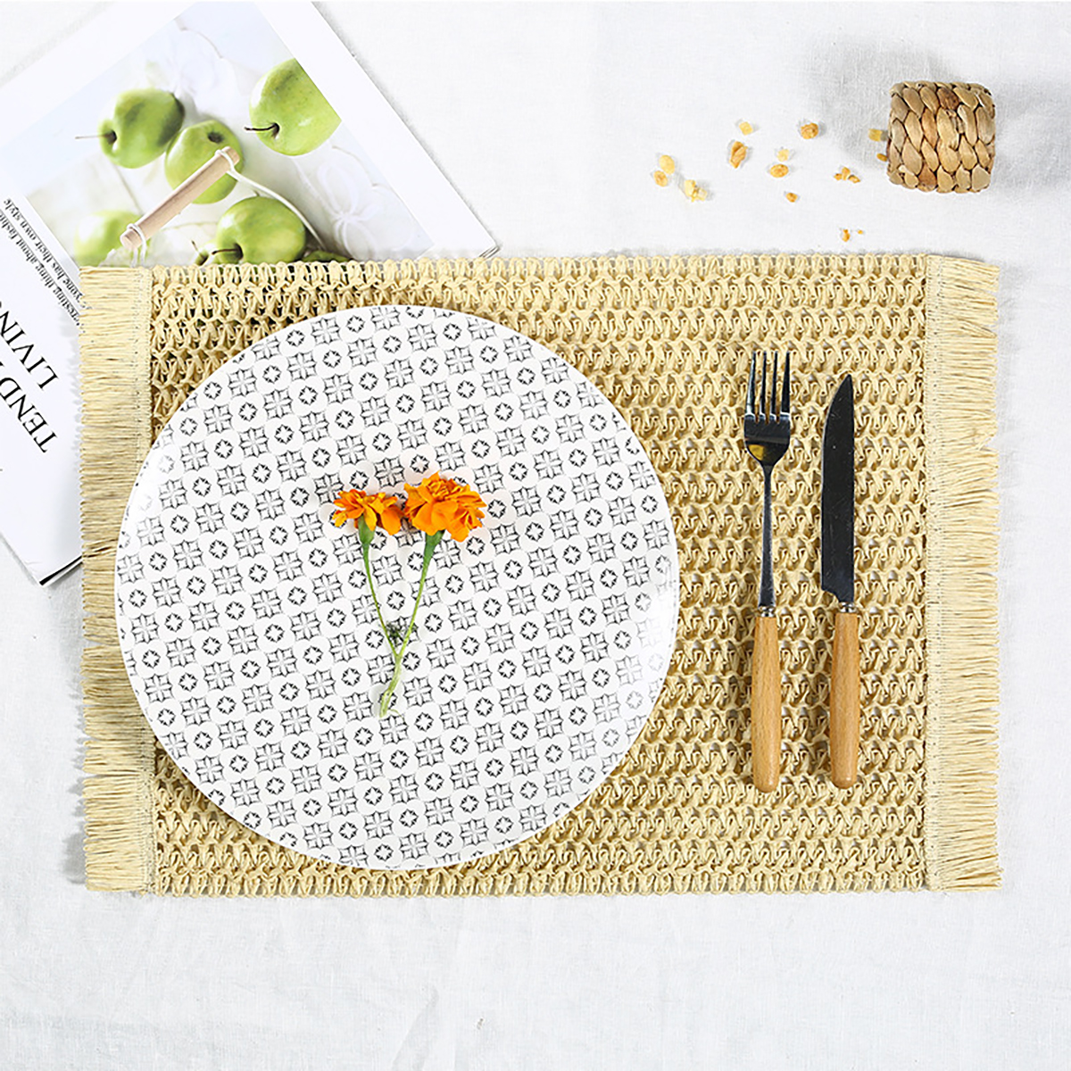 Matorino -Round Placemats Set, Natural Hyacinth Extra Wide Woven Placemats, Farmhouse Boho Fringe Placemats, Wipeable Braided Placemat.
