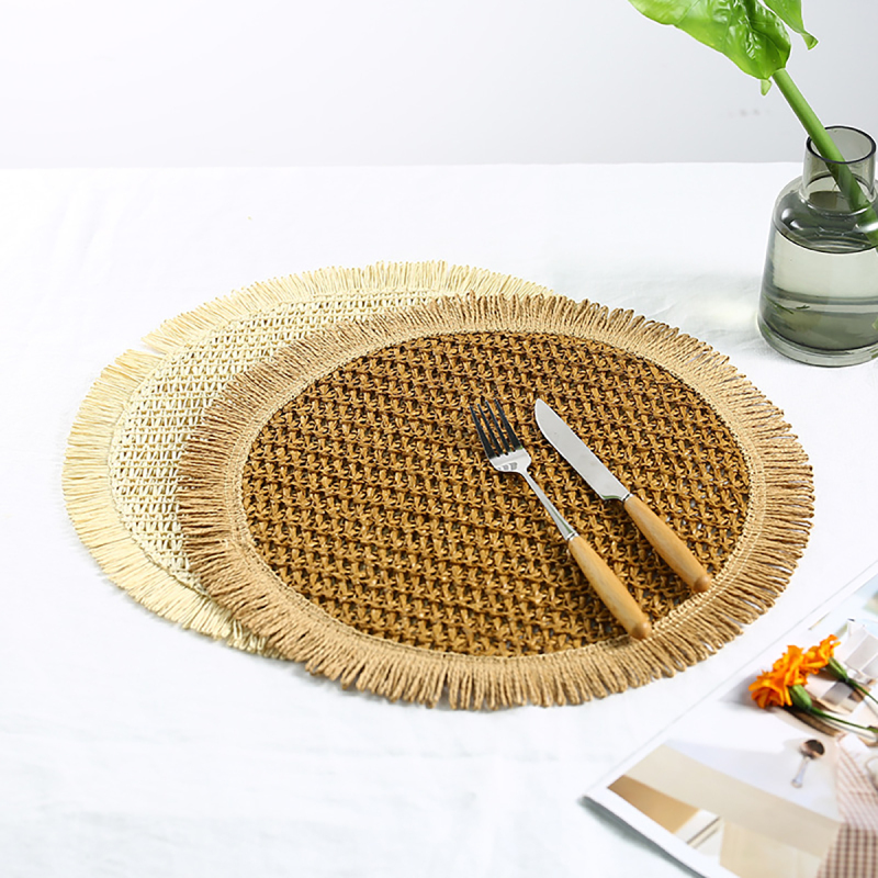 Matorino -Colorful Round Braided Placemats with Raw Edge, Paper Woven Table Mat for Kitchen Dining Table, Round Indoor Woven Fabric Table Mats.