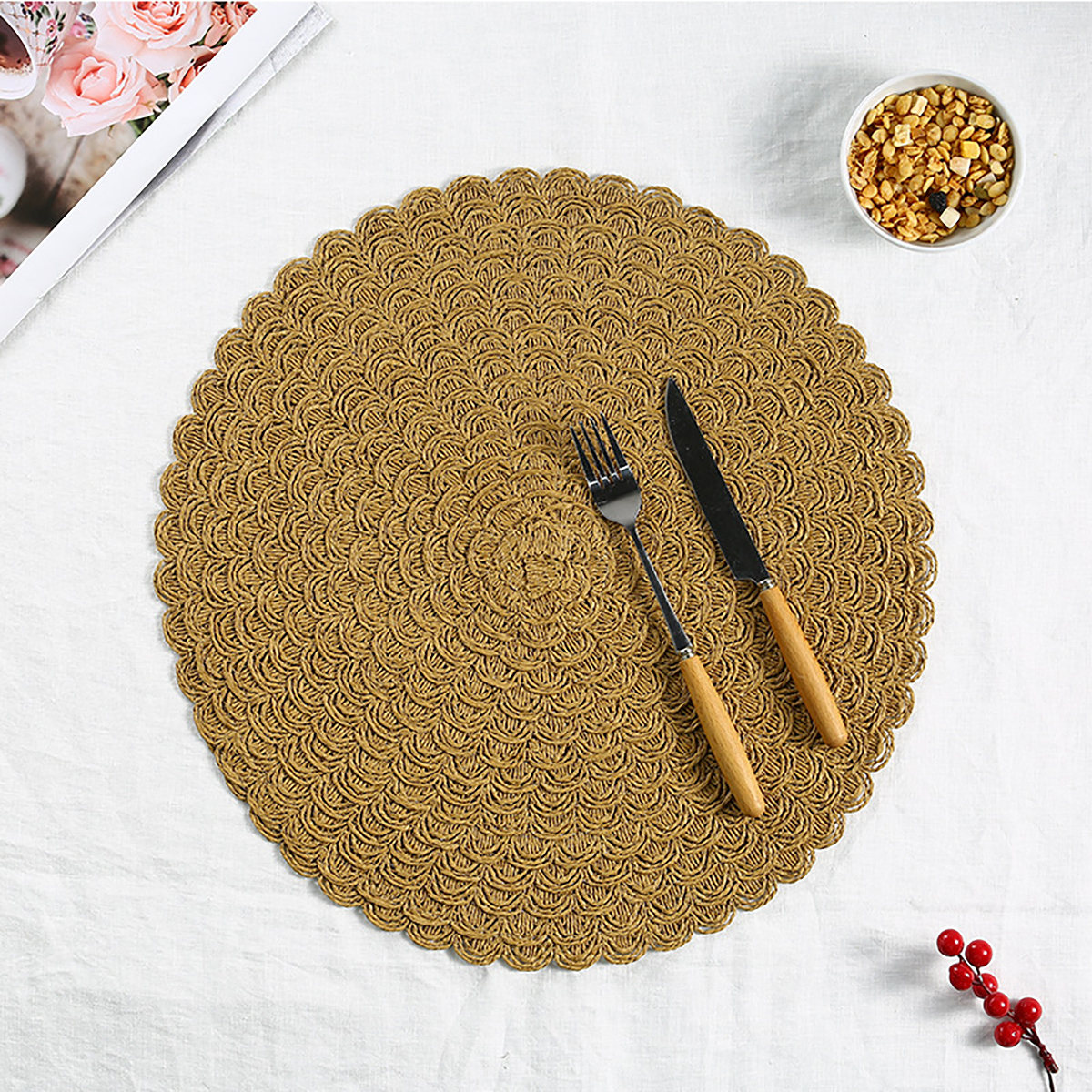 Matorino -Round Placemats Set, Natural Hyacinth Extra Wide Woven Placemats, Farmhouse Boho Fringe Placemats, Wipeable Braided Placemat.