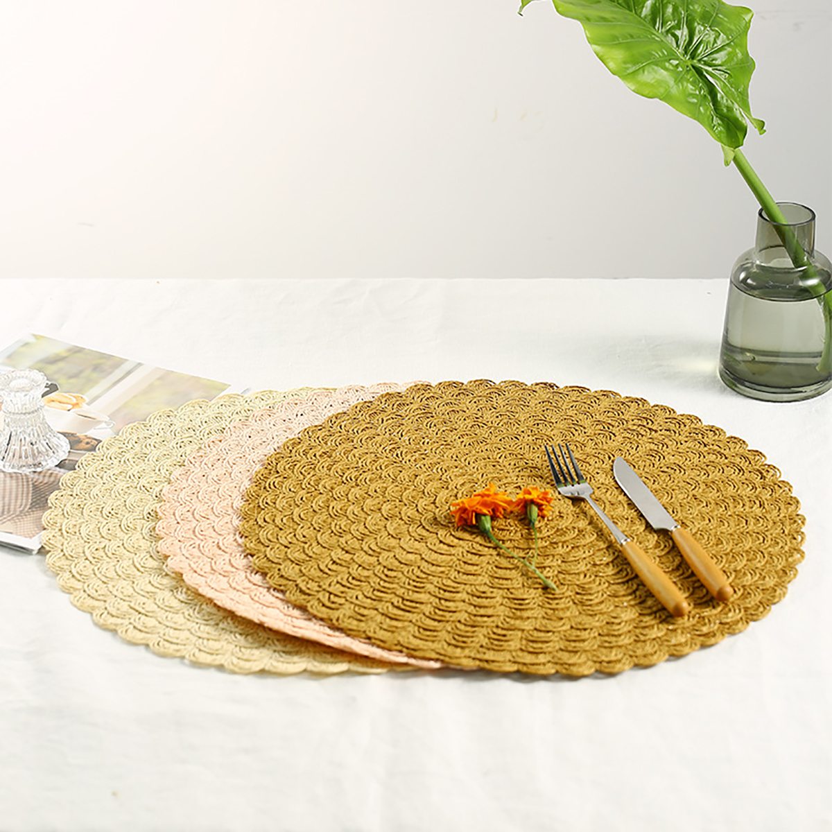 Matorino -Round Placemats Set, Natural Hyacinth Extra Wide Woven Placemats, Farmhouse Boho Fringe Placemats, Wipeable Braided Placemat.