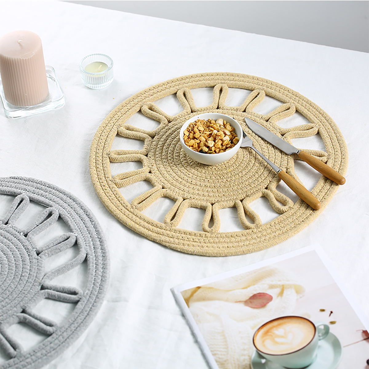 Matorino -Flower Boho Placemats Set, Round Placemats for Dining Table, Water Hyacinth Wicker Placemats, Straw Placemats, Natural Round Woven Placemats.