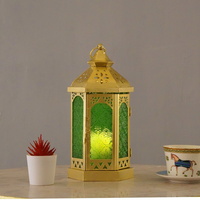 Matorino-Moroccan Hexagonal Handmade Iron Lantern, Vintage Hollow Metal Candle Holder, Light Up Arabian Ramadan Eid Patio Yard Decor, Middle Eastern Festival Ornament