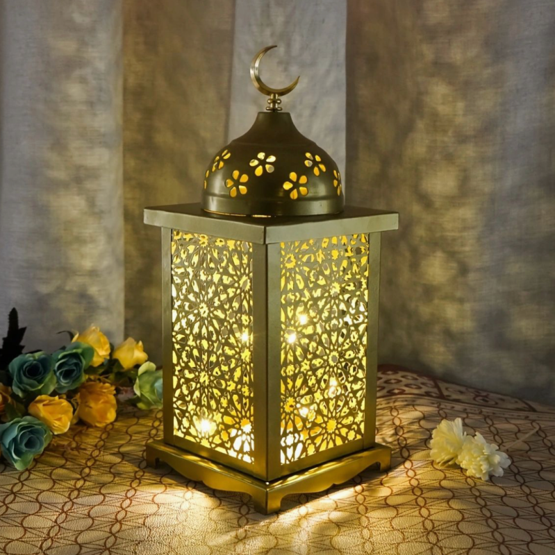 Matorino -Gold Ramadan Lanterns, Moroccan Style Metal Candle Holders with Crescent Moon Top, for Eid Decor & Muslim Home