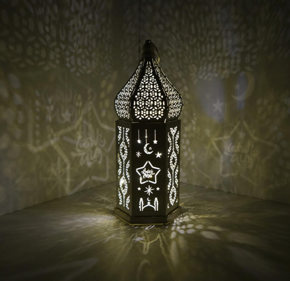 Matorino -Ramadan LED Lantern Set of 2, White Metal Cutout Lanterns with Moon & Star Projection for Eid Mubarak Decor