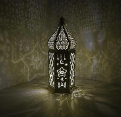 Matorino -Ramadan LED Lantern Set of 2, White Metal Cutout Lanterns with Moon & Star Projection for Eid Mubarak Decor