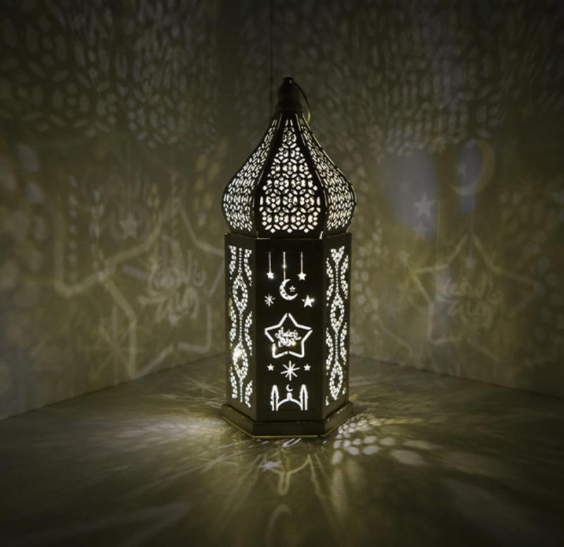 Matorino -Ramadan LED Lantern Set of 2, White Metal Cutout Lanterns with Moon & Star Projection for Eid Mubarak Decor