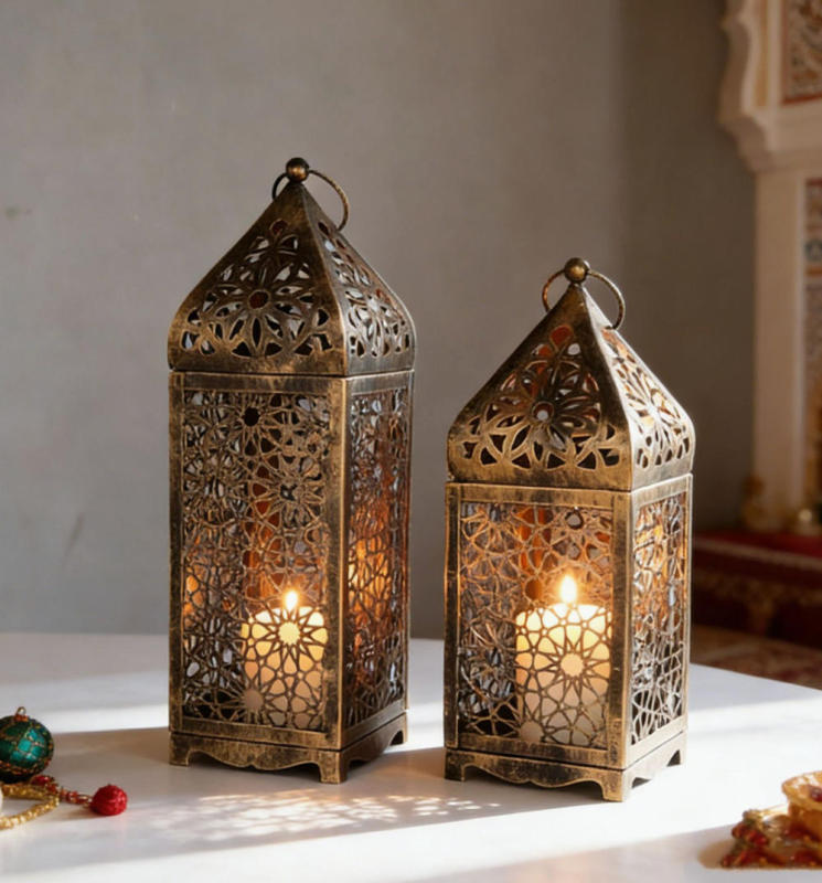 Matorino -Rustic Moroccan Style Candle Lantern Set - Antique Bronze Pierced Metal, Indoor Outdoor Decorative