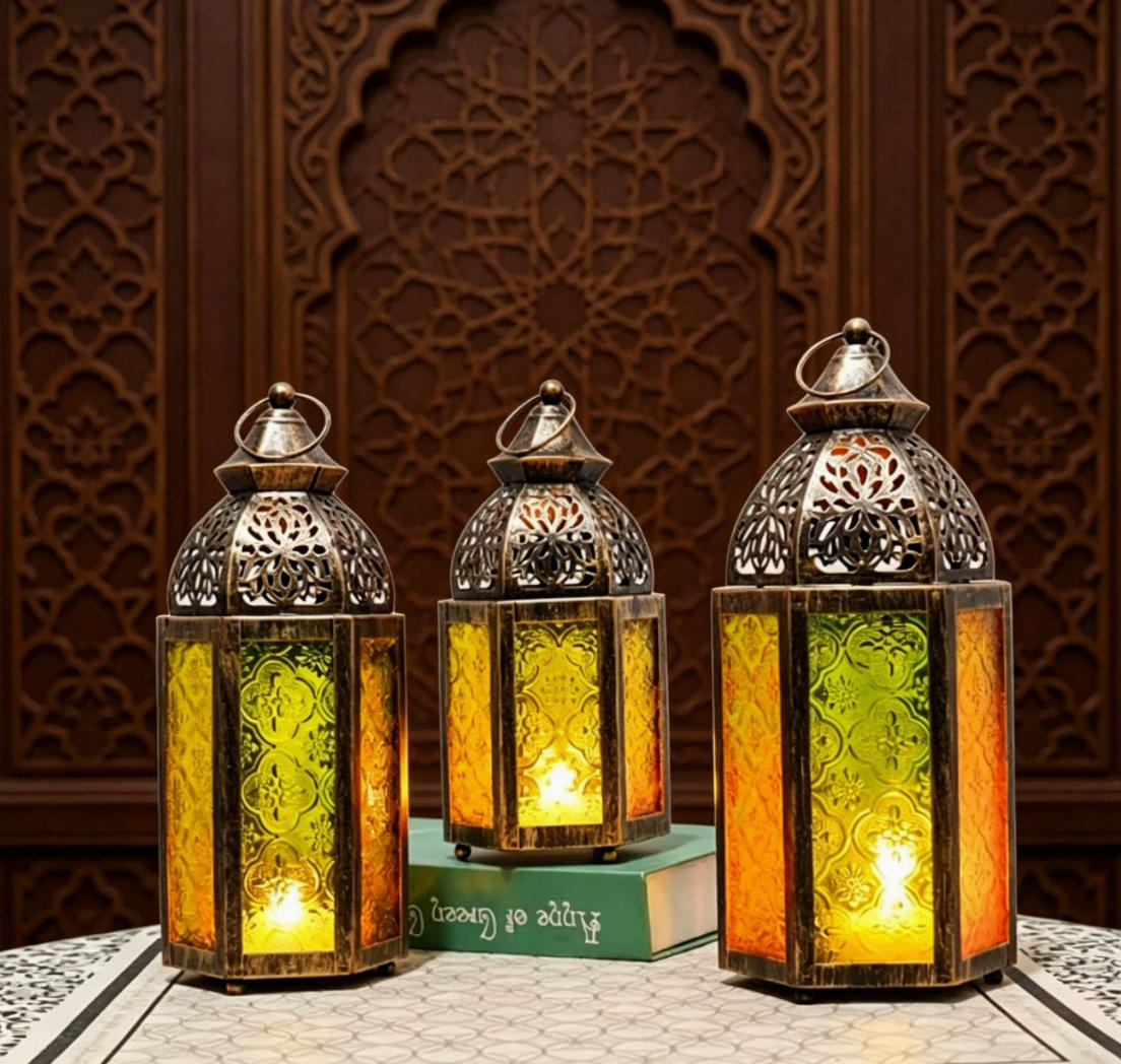 Matorino -Antique Bronze Moroccan Lanterns with Colorful Glass, Set of 3 Hanging Candle Holders for Weddings & Bohemian Decor