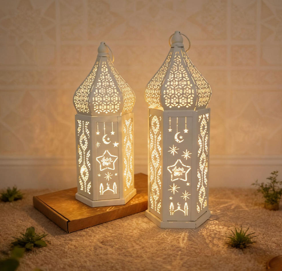 Matorino -Ramadan LED Lantern Set of 2, White Metal Cutout Lanterns with Moon & Star Projection for Eid Mubarak Decor