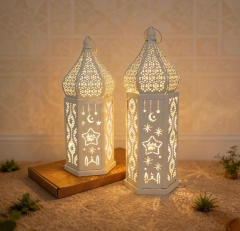 Matorino -Ramadan LED Lantern Set of 2, White Metal Cutout Lanterns with Moon & Star Projection for Eid Mubarak Decor