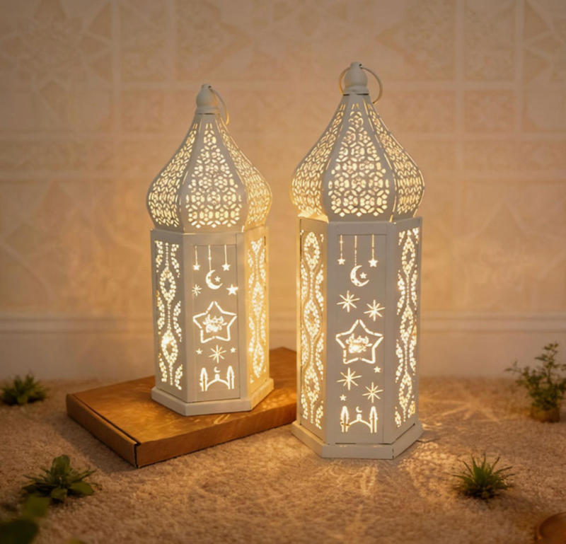 Matorino -Ramadan LED Lantern Set of 2, White Metal Cutout Lanterns with Moon & Star Projection for Eid Mubarak Decor