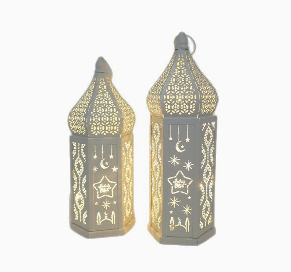 Matorino -Ramadan LED Lantern Set of 2, White Metal Cutout Lanterns with Moon & Star Projection for Eid Mubarak Decor