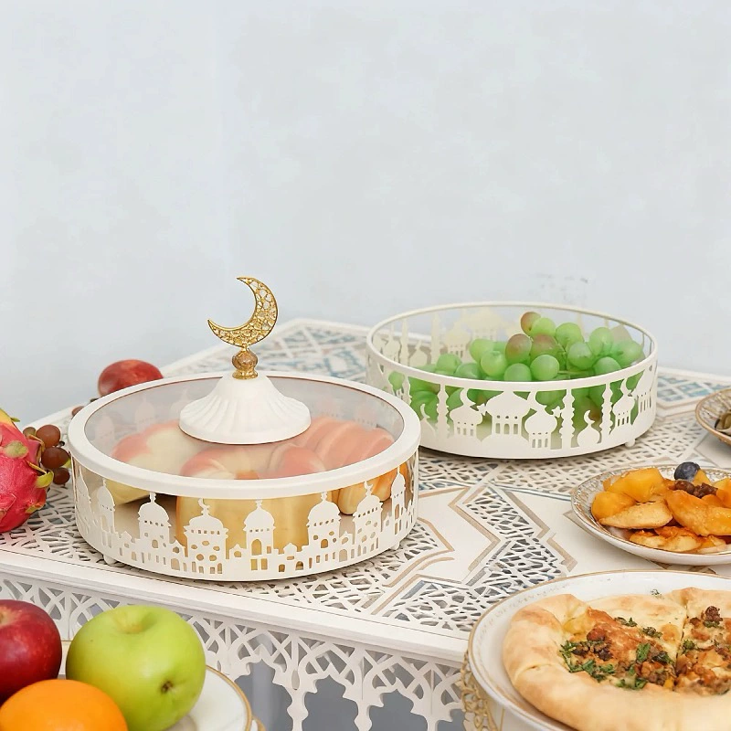 Matorino-Luxury Arabian Ramadan Eid Table Decor Set, Hollow Craft Metal Tray & Sealed Sweet Candy Canister, Multipurpose Snack Storage Box, Exquisite Handicraft Centerpiece for Muslim Wedding & Family Feast