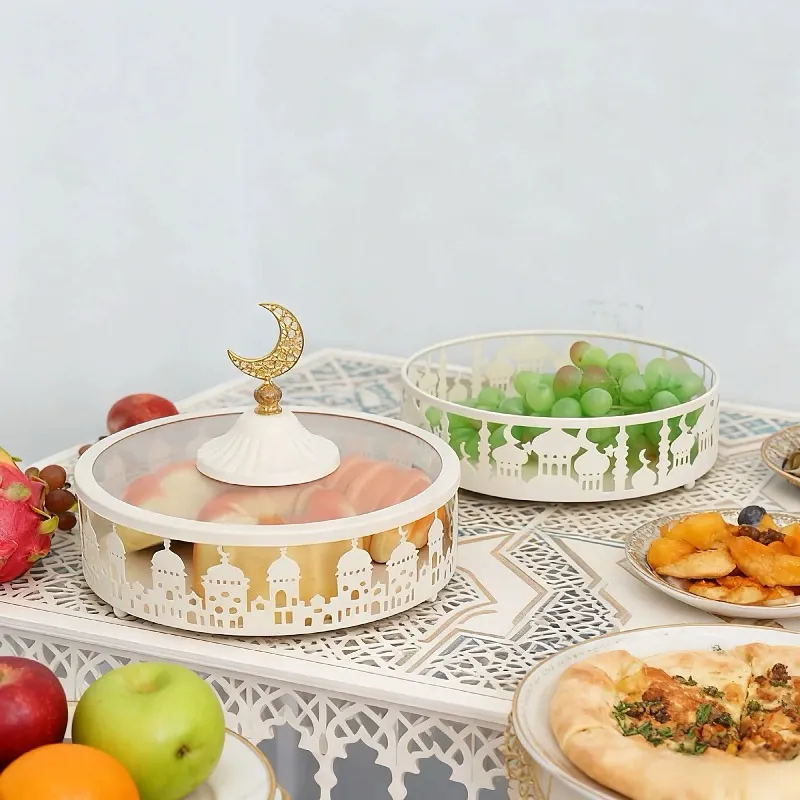 Matorino-Luxury Arabian Ramadan Eid Table Decor Set, Hollow Craft Metal Tray & Sealed Sweet Candy Canister, Multipurpose Snack Storage Box, Exquisite Handicraft Centerpiece for Muslim Wedding & Family Feast