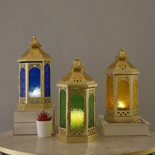 Matorino-Moroccan Hexagonal Handmade Iron Lantern, Vintage Hollow Metal Candle Holder, Light Up Arabian Ramadan Eid Patio Yard Decor, Middle Eastern Festival Ornament
