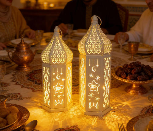 Matorino -Ramadan LED Lantern Set of 2, White Metal Cutout Lanterns with Moon &amp; Star Projection for Eid Mubarak Decor