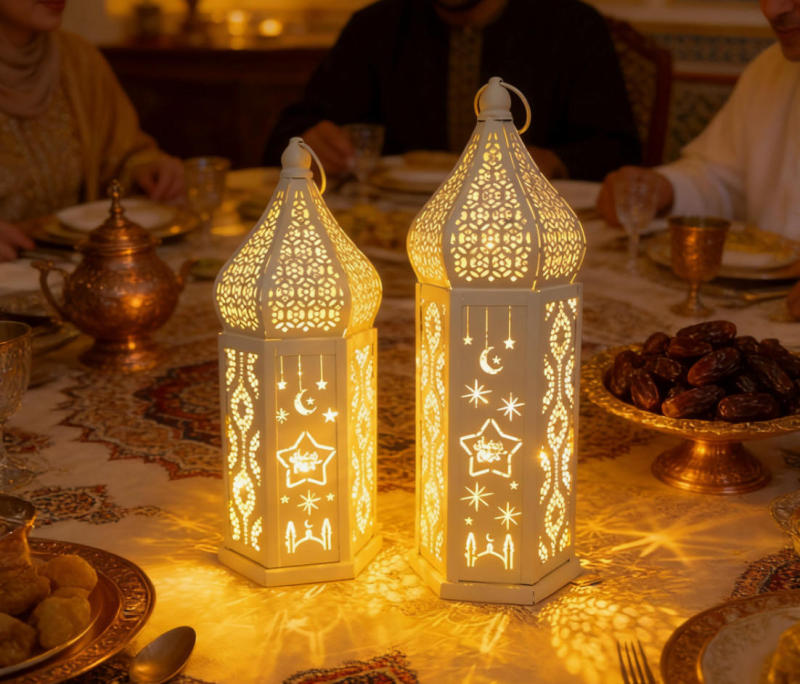 Matorino -Ramadan LED Lantern Set of 2, White Metal Cutout Lanterns with Moon & Star Projection for Eid Mubarak Decor