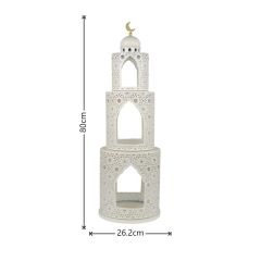 Matorino -Luxury Holy Islamic Iron Mosque Tower Statue,Hollow Cutout Ramadan Eid Decor with Golden Moon handle, Durable White Metal Ornament, Ideal Blessed Gift for Muslim Friends, Eid Al-Fitr Home Dining Table Display