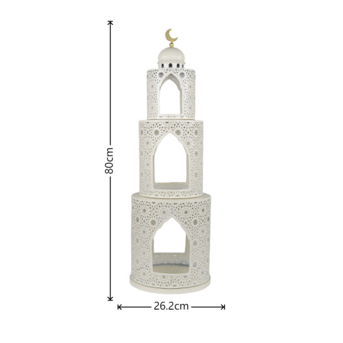 Matorino -Luxury Holy Islamic Iron Mosque Tower Statue,Hollow Cutout Ramadan Eid Decor with Golden Moon handle, Durable White Metal Ornament, Ideal Blessed Gift for Muslim Friends, Eid Al-Fitr Home Dining Table Display