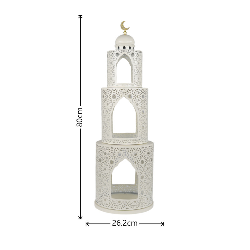 Matorino -Luxury Holy Islamic Iron Mosque Tower Statue,Hollow Cutout Ramadan Eid Decor with Golden Moon handle, Durable White Metal Ornament, Ideal Blessed Gift for Muslim Friends, Eid Al-Fitr Home Dining Table Display