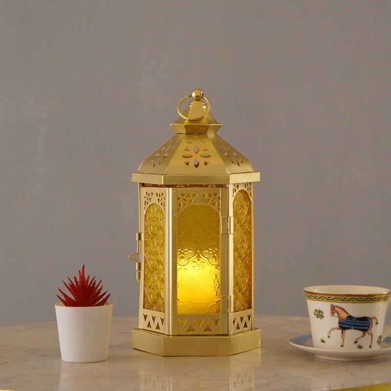 Matorino-Moroccan Hexagonal Handmade Iron Lantern, Vintage Hollow Metal Candle Holder, Light Up Arabian Ramadan Eid Patio Yard Decor, Middle Eastern Festival Ornament