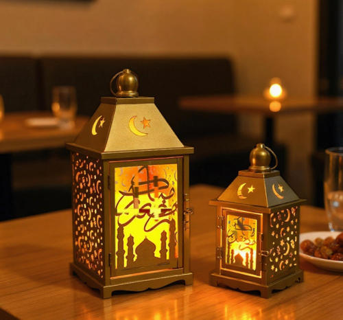 Matorino -Set of 2 Ramadan Lanterns, Gold Metal LED Candle Holders with Arabic Calligraphy &amp; Mosque Cutout, for Eid &amp; Muslim Home Decor