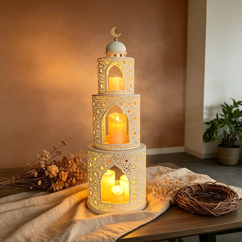 Matorino -Luxury Holy Islamic Iron Mosque Tower Statue,Hollow Cutout Ramadan Eid Decor with Golden Moon handle, Durable White Metal Ornament, Ideal Blessed Gift for Muslim Friends, Eid Al-Fitr Home Dining Table Display