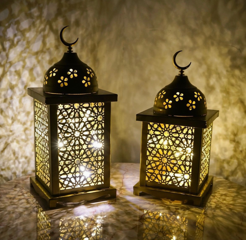Matorino -Gold Ramadan Lanterns, Moroccan Style Metal Candle Holders with Crescent Moon Top, for Eid Decor & Muslim Home