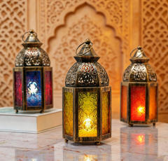 Matorino -Antique Bronze Moroccan Lanterns with Colorful Glass, Set of 3 Hanging Candle Holders for Weddings & Bohemian Decor