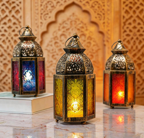 Matorino -Antique Bronze Moroccan Lanterns with Colorful Glass, Set of 3 Hanging Candle Holders for Weddings &amp; Bohemian Decor