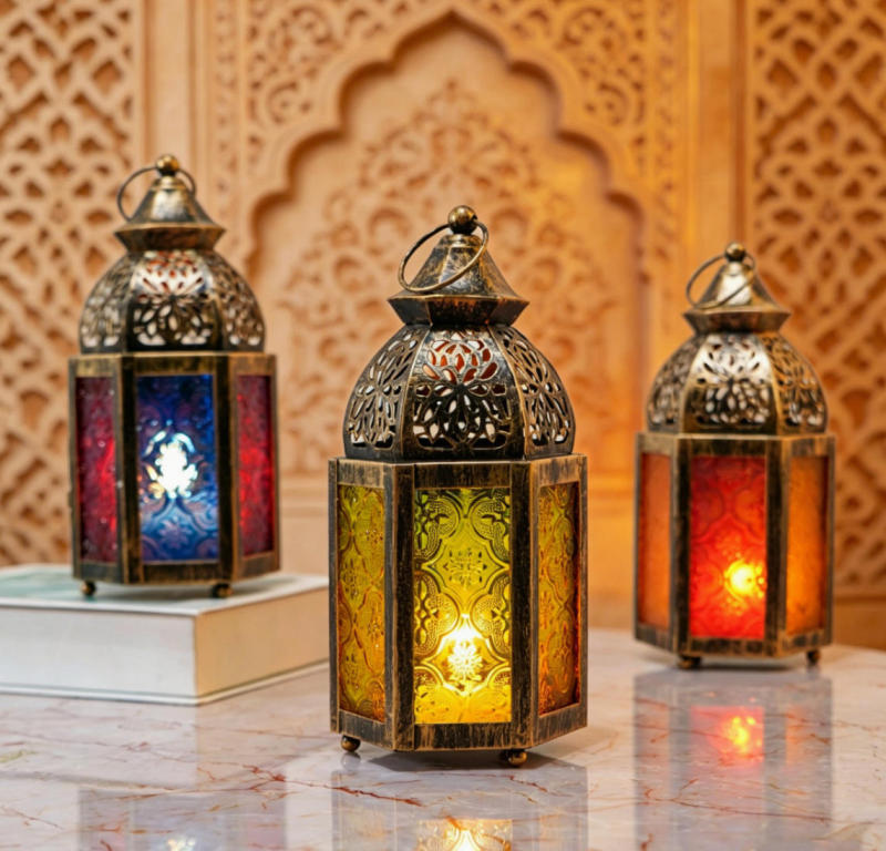 Matorino -Antique Bronze Moroccan Lanterns with Colorful Glass, Set of 3 Hanging Candle Holders for Weddings & Bohemian Decor