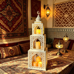 Matorino -Luxury Holy Islamic Iron Mosque Tower Statue,Hollow Cutout Ramadan Eid Decor with Golden Moon handle, Durable White Metal Ornament, Ideal Blessed Gift for Muslim Friends, Eid Al-Fitr Home Dining Table Display