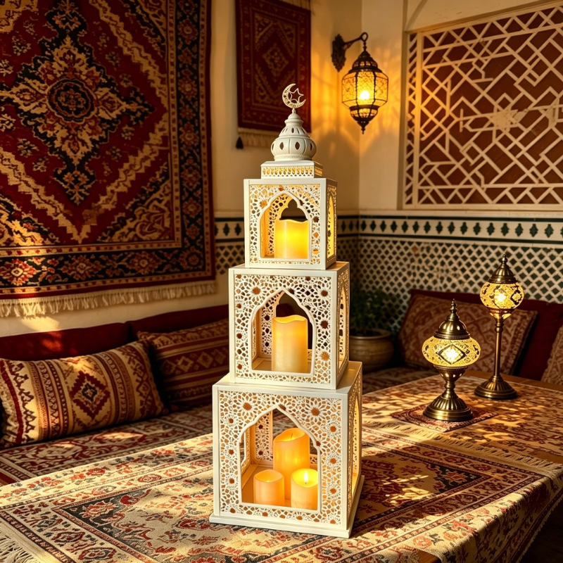 Matorino -Luxury Holy Islamic Iron Mosque Tower Statue,Hollow Cutout Ramadan Eid Decor with Golden Moon handle, Durable White Metal Ornament, Ideal Blessed Gift for Muslim Friends, Eid Al-Fitr Home Dining Table Display
