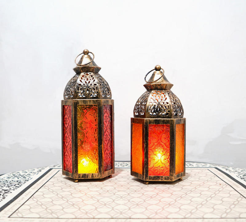 Matorino -Antique Bronze Moroccan Lanterns with Colorful Glass, Set of 3 Hanging Candle Holders for Weddings & Bohemian Decor