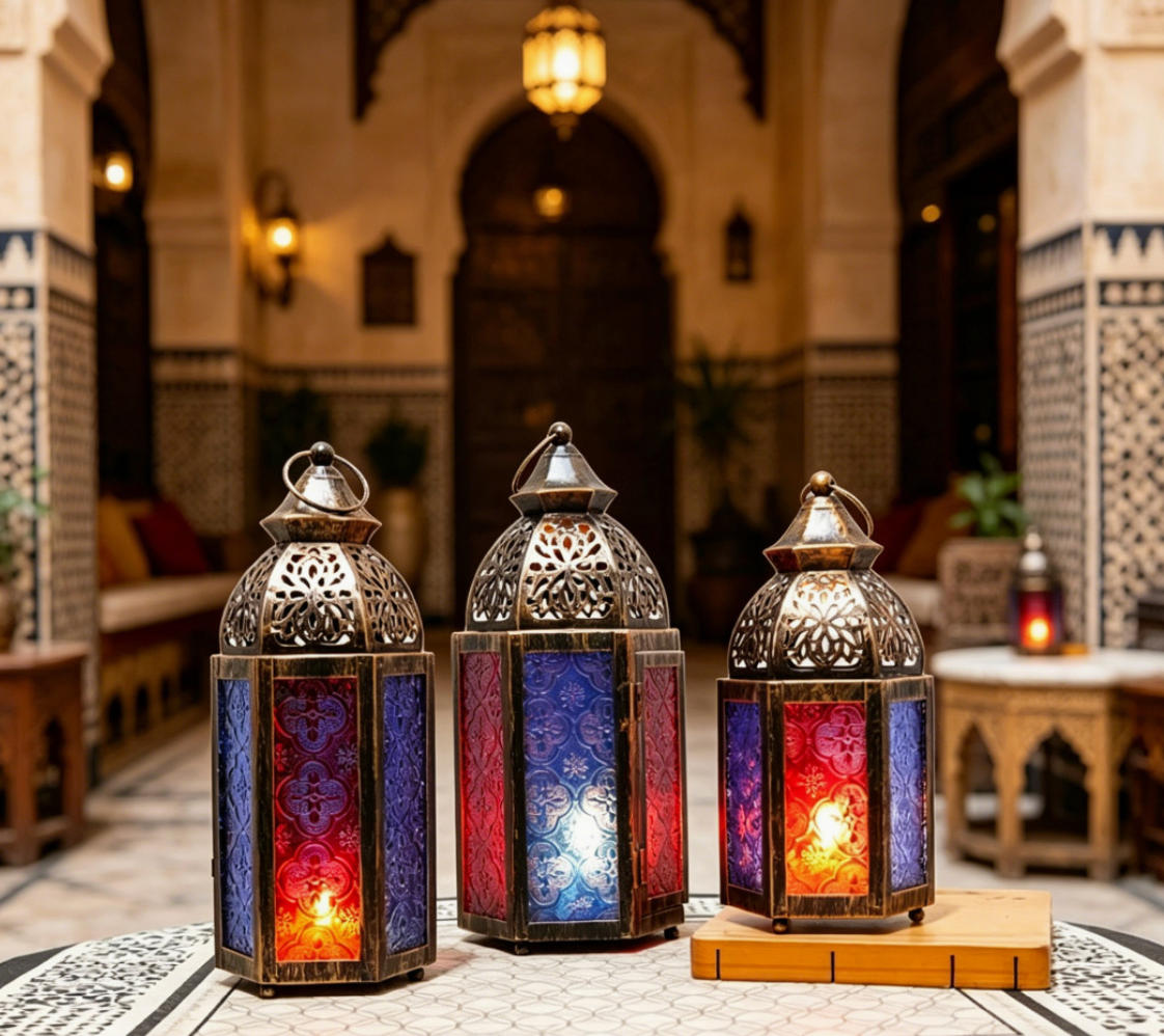 Matorino -Antique Bronze Moroccan Lanterns with Colorful Glass, Set of 3 Hanging Candle Holders for Weddings & Bohemian Decor