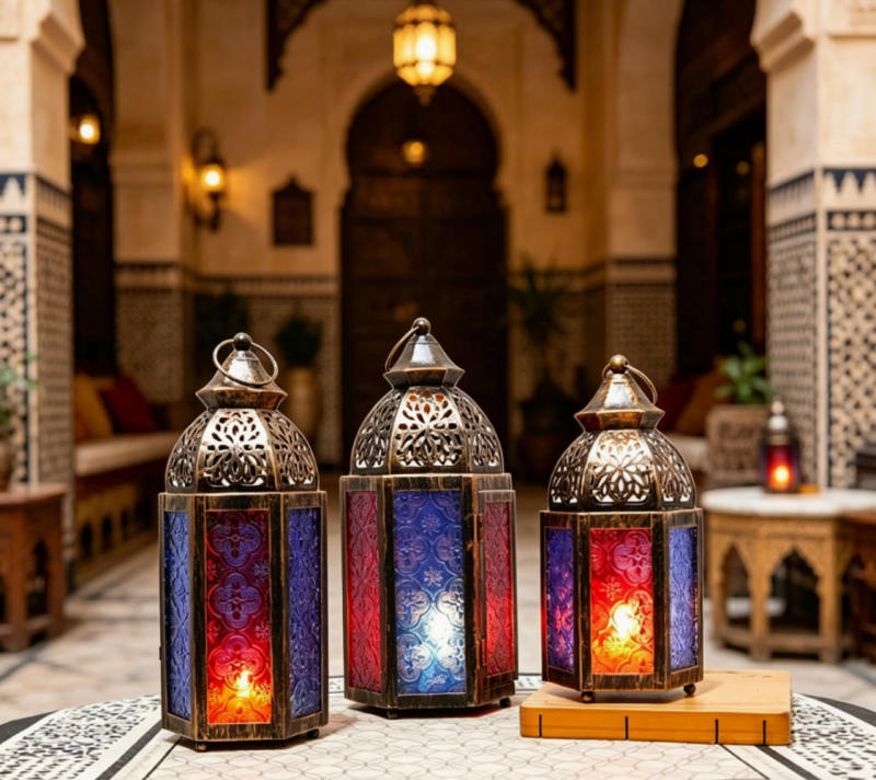 Matorino -Antique Bronze Moroccan Lanterns with Colorful Glass, Set of 3 Hanging Candle Holders for Weddings & Bohemian Decor