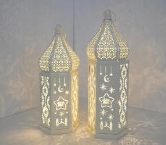 Matorino -Ramadan LED Lantern Set of 2, White Metal Cutout Lanterns with Moon & Star Projection for Eid Mubarak Decor