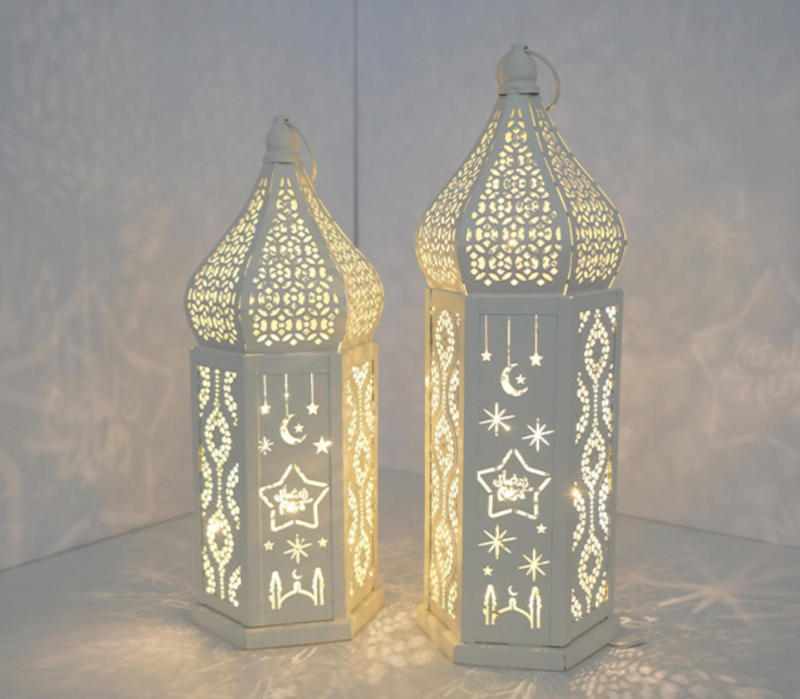 Matorino -Ramadan LED Lantern Set of 2, White Metal Cutout Lanterns with Moon & Star Projection for Eid Mubarak Decor