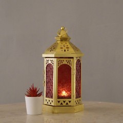 Matorino-Moroccan Hexagonal Handmade Iron Lantern, Vintage Hollow Metal Candle Holder, Light Up Arabian Ramadan Eid Patio Yard Decor, Middle Eastern Festival Ornament